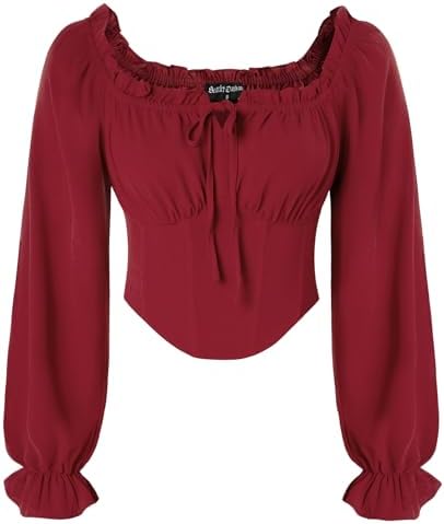 SCARLET DARKNESS Mittelalter Bluse Damen Korsett Top Langarm Piratenbluse | Lace-up Schulterfreie Korsett Oberteil, Gesmokte Taille Corset Top, Renaissance Trachtenbluse Gothic Kos
