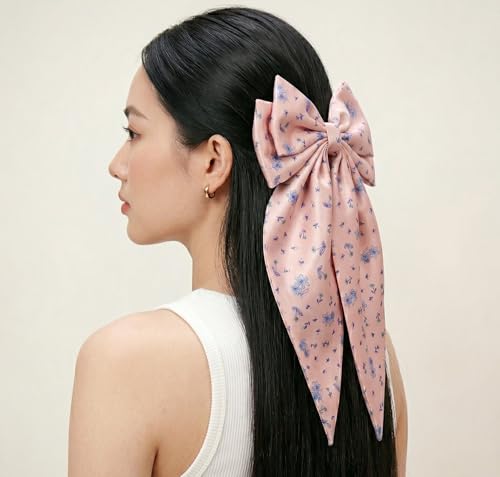 Image of Radhu & Kabby Printed Hair Bow Clip for Women | Cute Long Tail Fabric Bow Ponytail Holder | Stylish Everyday Casual Fashion Accessory | Pack of 1