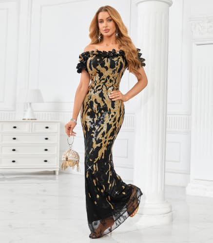 Image of dasmzper Women Sexy Sequin Off Shoulder Ruffle Short Sleeve Bodycon Mermaid Party Formal Evening Maxi Dress