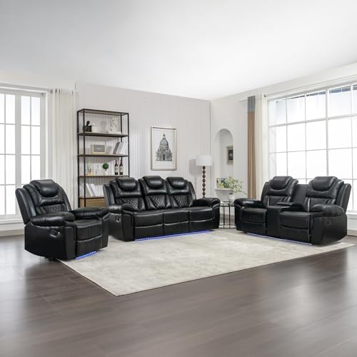 3-Piece Manual Reclining Sofa Set with LED, USB, Storage