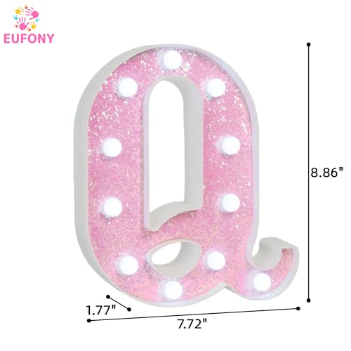 Image of Pink Glitter Marquee Light Up Letters, Battery Operated LED Letter Lights Signs for Pink Birthday Party Table Decorations, Wall Decor for Girls Bedroom, Initial Letter Q with Cool White Lights