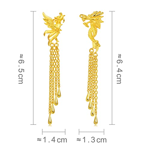 Chow Sang Sang Chinese Wedding Collection 999.9 24K Gold Price-By-Weight Gold Dragon And Phoenix Asymmetric Dangle Earrings For Women 86758E (Approx. 0.30Tael (~11.22G), Gold) #TOP5