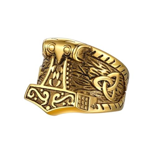FaithHeart Norse Viking Jewelry Mens Stainless Steel Vikings Thor's Hammer/Wolf Head Ring Valknut Warrior's Gothic Jewelry-Personalized Engrave 01. Thor Hammer-Black 7