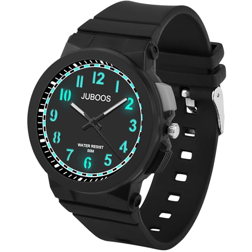 Juboos Armbanduhr Kinder,Kinderuhr Jungen Mädchen Analog Quartz Uhr mit Armbanduhr Licht 50M Wasserdicht Outdoor Sports Jugend Uhr 7-16 (Helles Schwarz)
