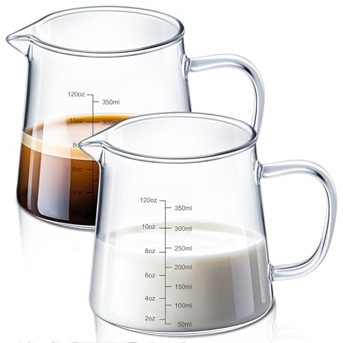 Honeydak 2 Pack 12oz Coffee Measuring Glass Cups Espresso Pitcher Heat Resistant Glass Coffee Measuring Cup Milk Frothing Pitcher Espresso Shot Glasses, Creamer Container, Microwave Dishwasher Safe