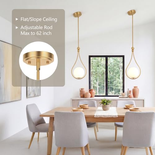 Image of Gold Pendant Lights Kitchen Island with Milky White Globe Glass, 1 Pack | Mid Century Adjustable Hanging Pendant Light Fixtures