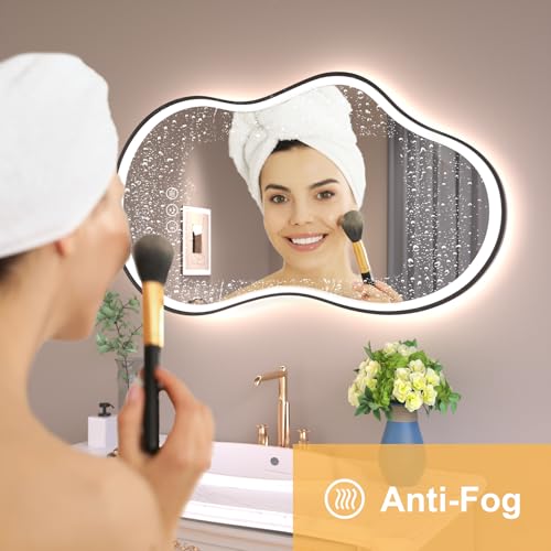 Image of WTTY LED Irregular Bathroom Mirror 20x36 Inch with Front & Back Lights - Asymmetrical Design, Anti-Fog, Dimmable 3 Color Temperatures, Shatterproof Glass, Horizontal or Vertical Mount (Black Frame)