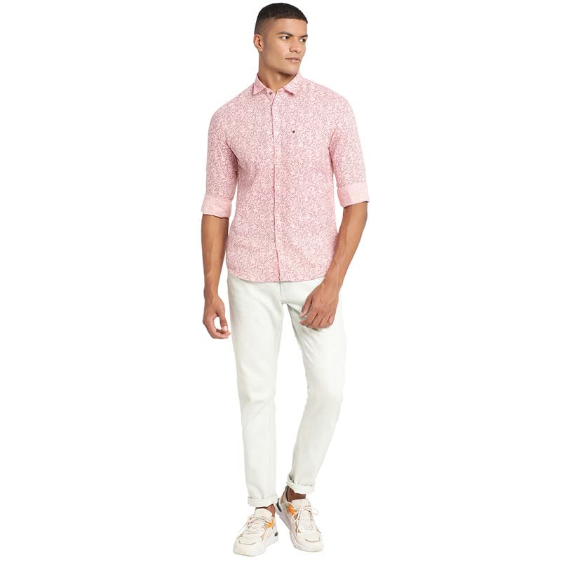 Image of Turtle Men Pink Cotton Linen Printed Slim Fit Casual Shirts