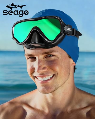 Image of Seago Adult Swim Goggles Mask Mirrored Tempered Lens, Anti UV /Fog No Blurring Clear Wide View with Nose Cover for Men Women