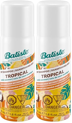 Batiste Tropical Dry Shampoo Travel Size 50mL - Fruity & Earthy Scent, Revitalise & Refresh Oily Hair with Non-Drying Formula, Adds Volume & Style, Ideal for All Hair Types & Quick Fixes (Pack of 2)
