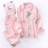 XFLOWR Frühling Damen Pyjama Set Flamingo gedruckt 100% Gaze Baumwolle Frauen Komfort Dünn Homewear Set Langarm + Hose Nachtwäsche Set M Pink