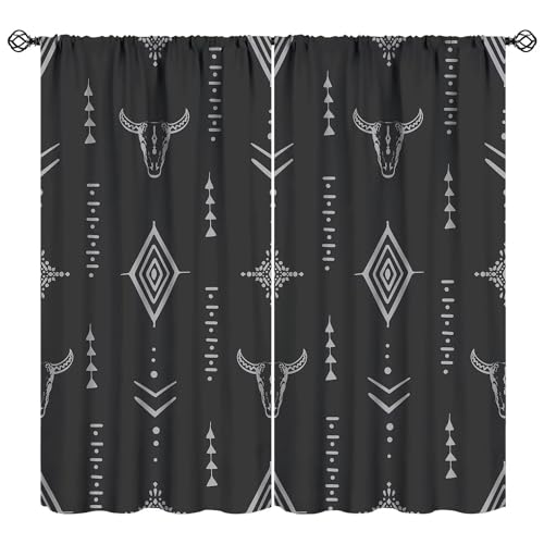 Image of JADERYS Western Blackout Curtains Bull Skull Boho Aesthetic Aztec Black Gray Modern Abstract Art Design Bedroom Living Room Rod Pocket Decoration Window Drapes 2 Panels W21xL63in