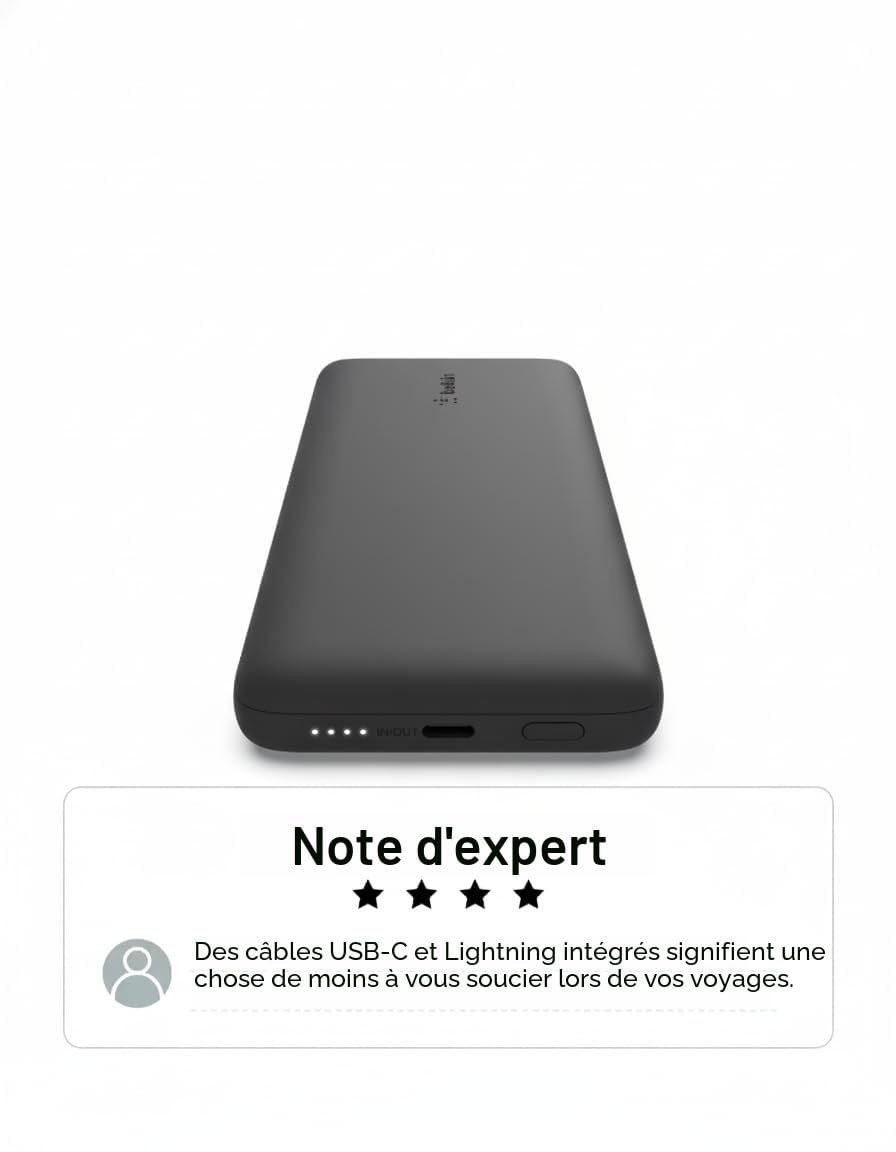 Belkin Batterie externe BOOSTCHARGE Plus 10K (10,000 mAh avec câbles Lightning et USB-C MFI intégrés, port de recharge USB-C, noir)