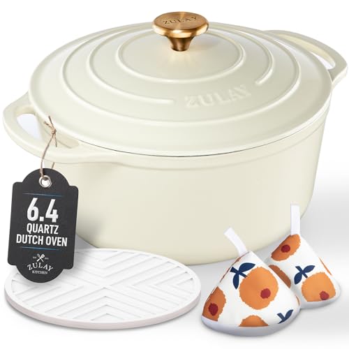 Zulay Kitchen 6.4 Quart Enameled Cast Iron Dutch Oven Pot with Lid Oven Safe up to 500°F. Heavy-Duty Enameled Cast Iron for Sourdough Bread Baking, Stews, Braising & Roasting, Soup Pot with Lid - Ivory