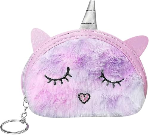 Hopzab Adorable Cartoon Half-Circle Unicorn Coin Purse Cute Plush Zipper Wallet Small Change Bag Compact Handbag for Girls Boys Kids Teens,Birthday Party Gift(Purple)