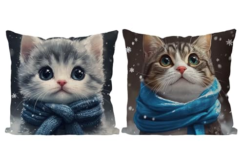 Coussin Exterieur Chat Housse de Coussin Lot de 2 Mignon Coussins Canape Taie Oreiller 45x45 Doux Carré Décoratif Housse de Canapé Coussins d'extérieur pour Decoration Chambre,Canapé,Chaise T4-435
