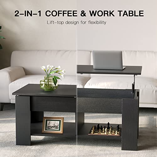 Totnz Lift Top Coffee Table, 39In Living Room Tables With Hidden Compartment And Storage Shelf, Solid Wood Coffee Table For Living Room (Black) #TOP1