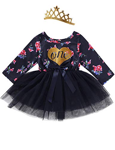 Shalofer Baby Girl One Year Old Tutu Dress Toddler First Birthday Floral Lace Skirt Set with Headband and Crown (One-Dark Blue,6-12 Months)