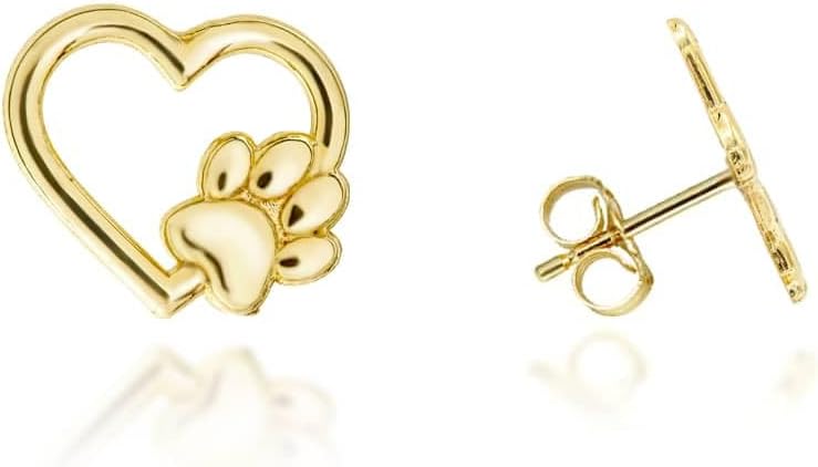 Yellow Gold Dog Paw Heart Stud Earrings