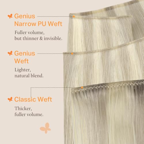 Image of DOORES Genius Seamless Weft Hair Extensions Human Hair, Ash Blonde Highlighted Platinum Blonde 18 Inch 100g, Hand Tied Weft Extension Sew in Natural Straight