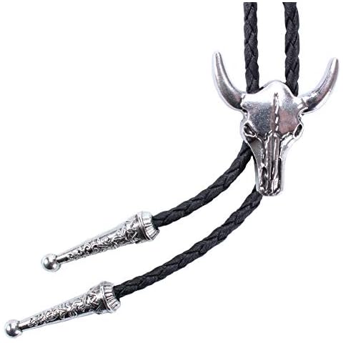 Western Vintage Bolo Tie for Men - Cow Skull Design Cowboy Tie - Black Leather Bolo Necktie Necklace (Sliver Bull) Cover