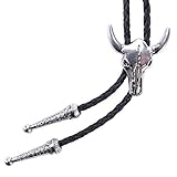 Western Vintage Bolo Tie for Men - Cow Skull Design Cowboy Tie - Black Leather Bolo Necktie Necklace (Sliver Bull)