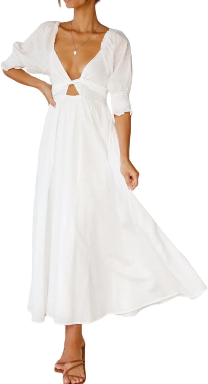 Zebaexf Women Summer Half Sleeve Backless Long White Dresses A Line Flowy Ruffled Vintage Elegant Maternity Dress