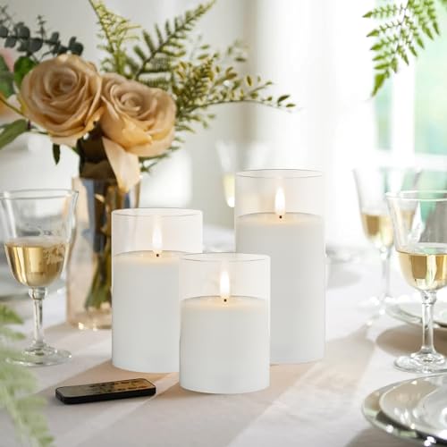 Image of Clear Glass 3-Pack Flameless LED Pillar Candles with Remote | White Wax Battery Operated LED Pillar Candle with Timer Adjusting Brightness Lighting Modesfor Party Wedding Home Decoration
