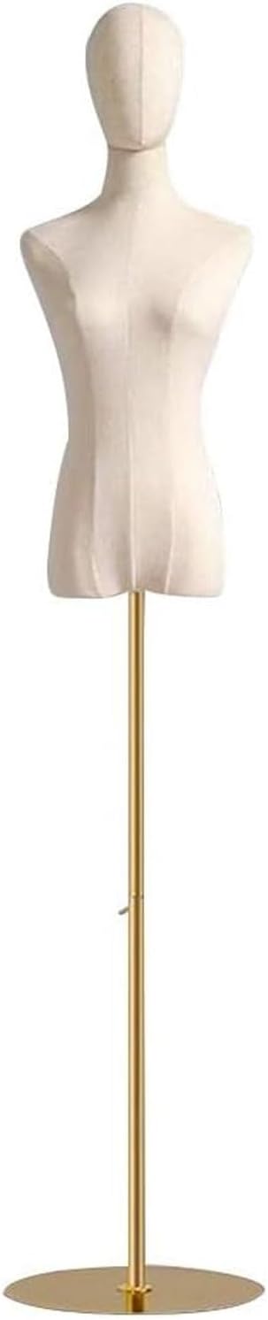 Female Mannequin Dress Form Torso - Linen Fabric Tailors Dummy with Detachable Head & Gold Stand - Size S/M for Clothing Display & Fashion Design Showcase