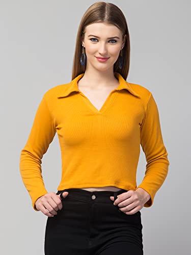 Image of Ribbed Polo Collar Full Sleeves Tops for Women