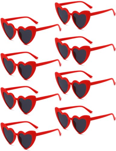 Ricawa 8 Pack Heart Sunglasses Vintage Cat Eye Love Heart Glasses Retro Bachelorette Bride Sunglasses Bulk for Women Wedding Party (Red)