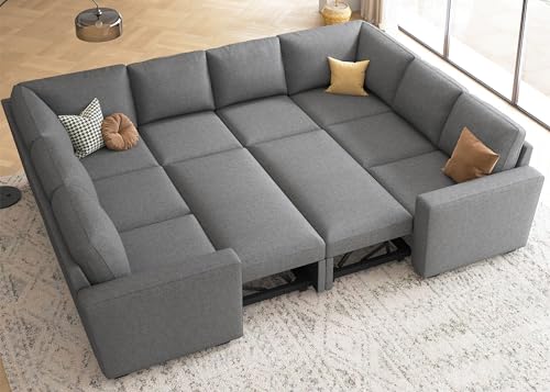 Image of HONBAY Sleeper Sectional Couch with Pull Out Bed, Modular Sleeper Sofa with Storage, U Shaped Sectional Couches for Living Room, Dark Grey
