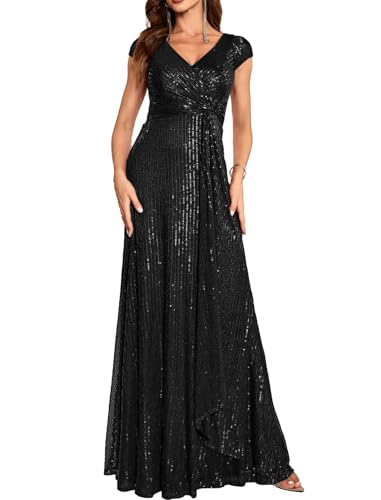 meilun Short Sleeve Sequin Dress for Women Formal Evening Gowns Sparkly V Neck 1920s Long Dress