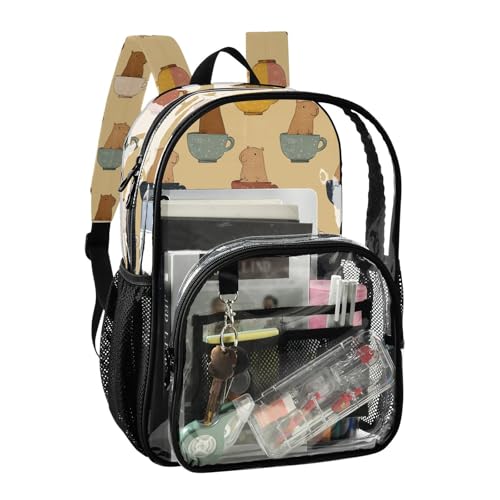 Kids PVC Clear Backpack Capybara Cups Beige Cute Heavy Duty Multi-pockets Large Capacity Transparent See Through Bookbag for School Travel Sport Work2