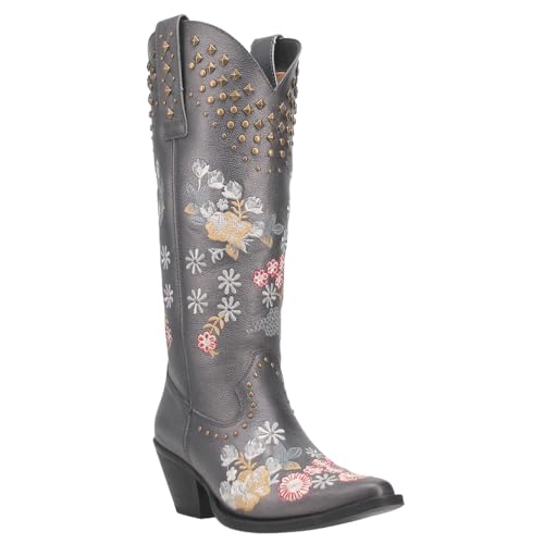 Dingo Womens Poppy Floral Embroidered Metallic Studded Snip Toe Casual Boots Knee High Mid Heel 2-3" - Grey2