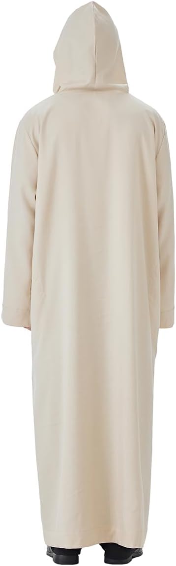 Men's Muslim Middle Eastern Men Long Sleeves Hooded Pure Color Zipper Robe Jubba Thobe (Beige, Small)