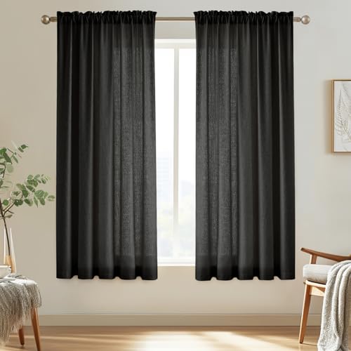 Image of Melodieux Black Semi Sheer Curtain Cloth for Hanging, Linen Look Bedroom Rod Pocket Voile Drapes, 52 by 63 Inch (2 Panels)