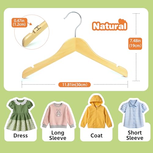 Woodar Rainbow Natural Kids Children Baby Wood Wooden Clothes Dress Shirt Hangers - 360°Stronger Flexible Hook- Extra Smoothly Cut Notches, 10 Pack (Natural) — view 5