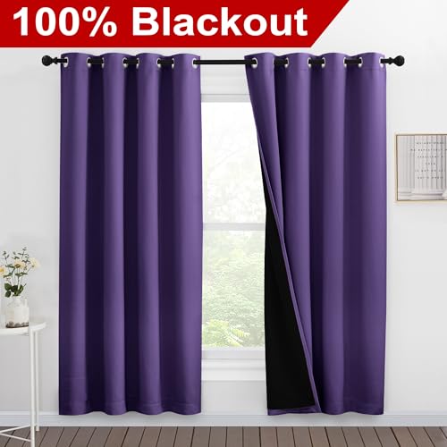 Image of NICETOWN Lilac Purple Full Shade Curtain Panels, Pair of Energy Smart & Noise Blocking Out Blackout Drapes for Dining Room Window, Thermal Insulated Guest Room Lined Window Dressing, 55 x 78 inch