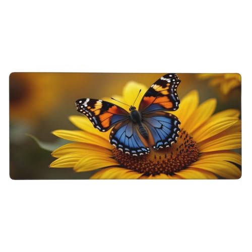 Tapis de souris de jeu à bords cousus anti-effilochage et base caoutchouc papillon bleu