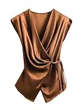 SOLY HUX Women's V Neck Satin Blouse Wrap Tie Side Sleeveless Shirt Summer Business Casual Tops Pure Brown Large