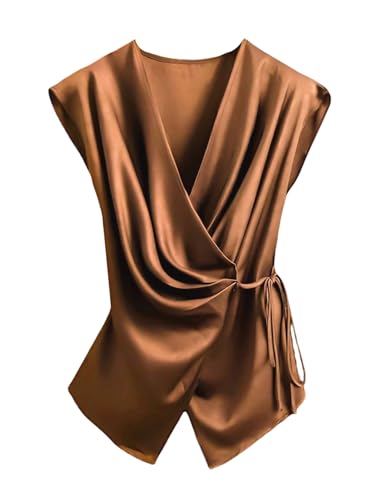 SOLY HUX Women's V Neck Satin Blouse Wrap Tie Side