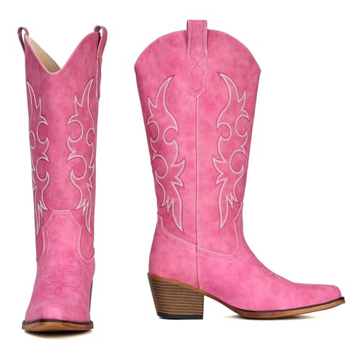 Image of IUV Cowboy Boots For Women Western Cowgirl Boots Mid Calf Snip Toe Boot With Chunky Heel