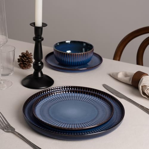 Image of Famiware Starlight 12-Piece Plates and Bowls Sets for 4, Stoneware Dinnerware with Ribbed Textured, Handcrafted Reactive Glaze Dishes - Dishwasher & Microwave Safe, Chip /Scratch Resistant, Starry Blue