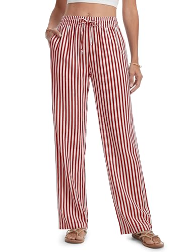 SEVEGO Tall Women 34" Inseam Striped Linen Pants Elastic Waist