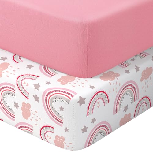 IOCCLH Baby Crib Sheets 2 Pack for Boys and Girls Fit for Standard Crib Toddler Mattress Breathable Soft Microfiber Baby Sheet 28x52x8in (Pink Rainbow & Pink)