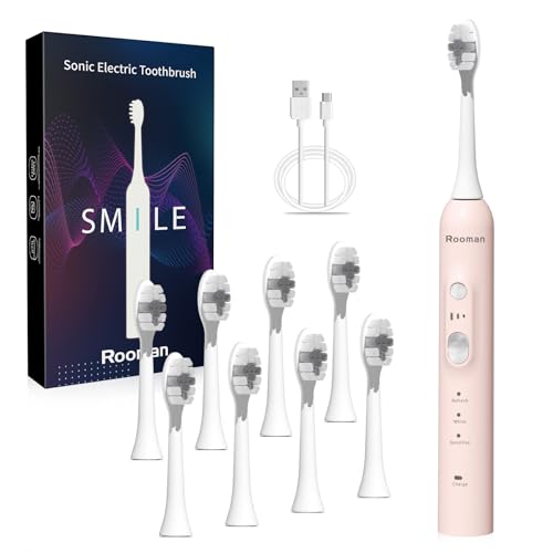 Rooman Electric Toothbrush for Adults with 8 Brush Heads, 40,000 VPM Sonic Toothbrush, IPX7 Waterproof, 4-Hour Charging, 90 Days of Continuous use, 3 Modes, Built-in Smart Timer (Pink)