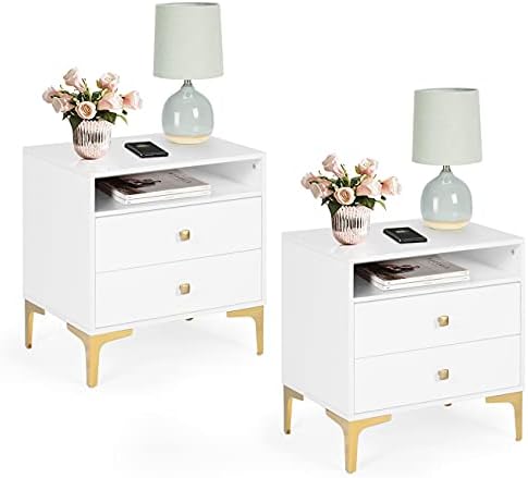 AILEEKISS Nightstands Set of 2 with Wireless Charging Function Wooden Night Stands 2 Sets with Drawers and Open Shelf Storage End Table Home Bedside Table for Bedroom (White 2 Sets)