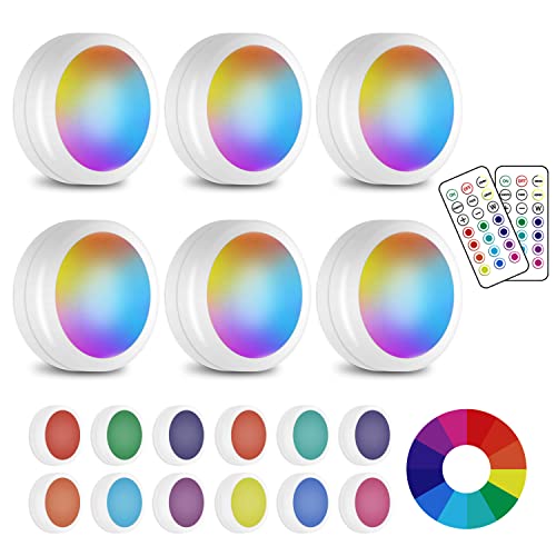 SIXDEFLY LED Puck Lights 6 Pack with Wireless Remote: 13 Color RGB Dimmable Under Cabinet Battery Powered Lights, Ideal for Kitchen, Closet, Counter - Party Atmosphere