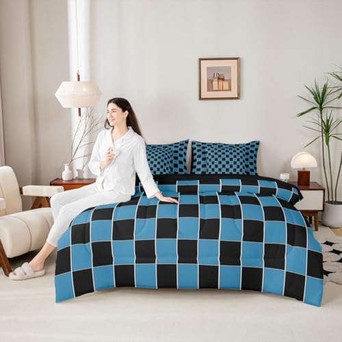 Image of Erosebridal Plaid Twin Bedding Set 7 Piece Navy Blue Black Checkerboard Bed in A Bag with Sheets Geometric Checkered Comforter Set for Kids Adults,Aesthetic Grids Bed Sets